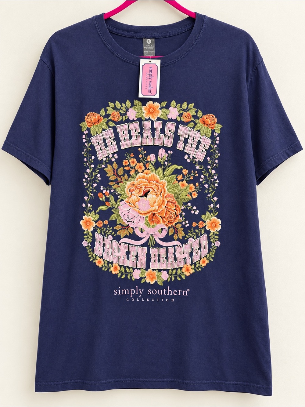 Simply Southern He Heals the Brokenhearted Navy Floral Tee Large NWT